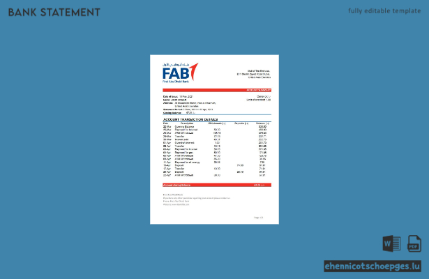 Beispiel für einen Kontoauszug der First Abu Dhabi Bank in den VAE (Excel-Vorschau)